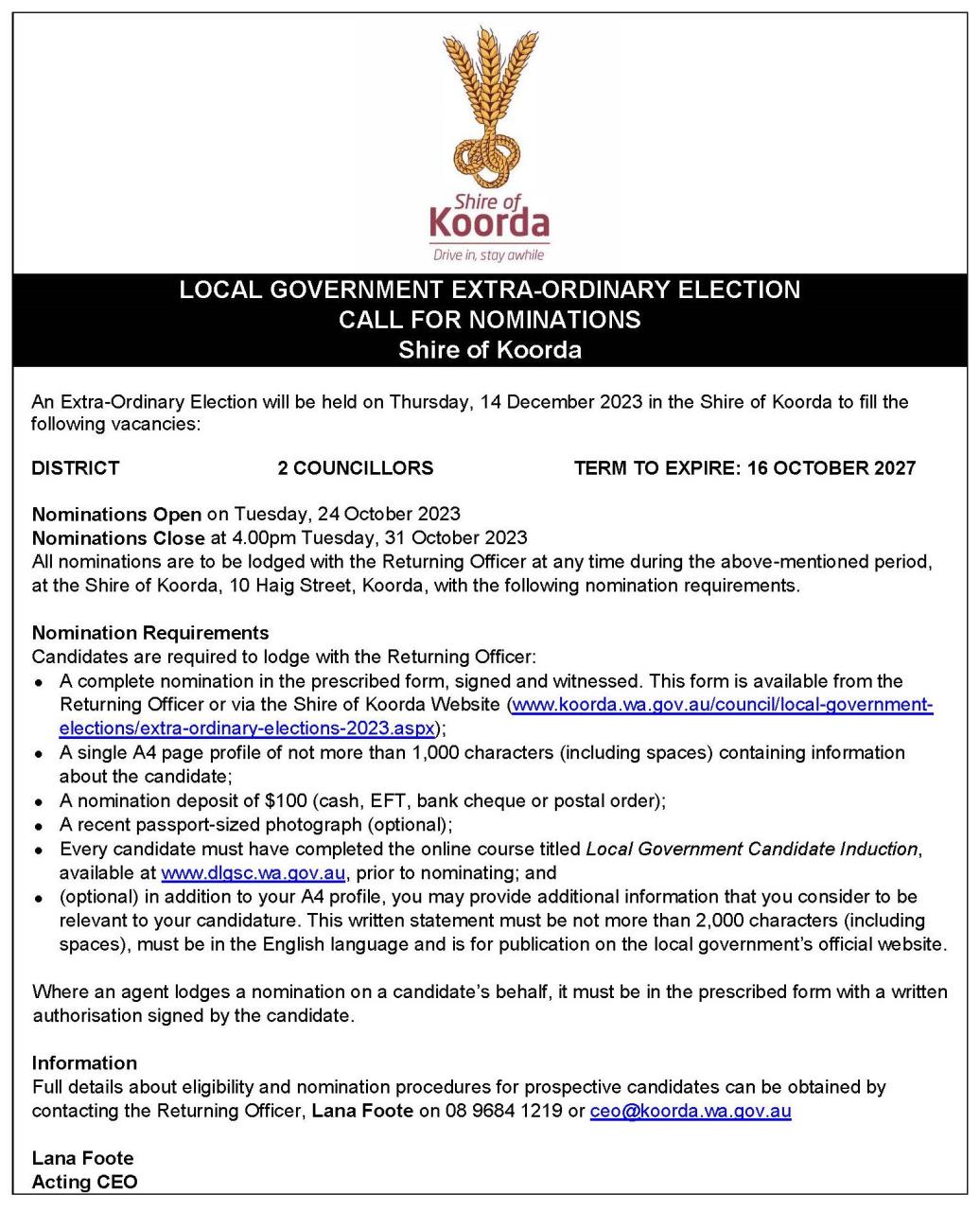 Shire of Koorda - Call for Nominations - 2023 Extra-Ordinary