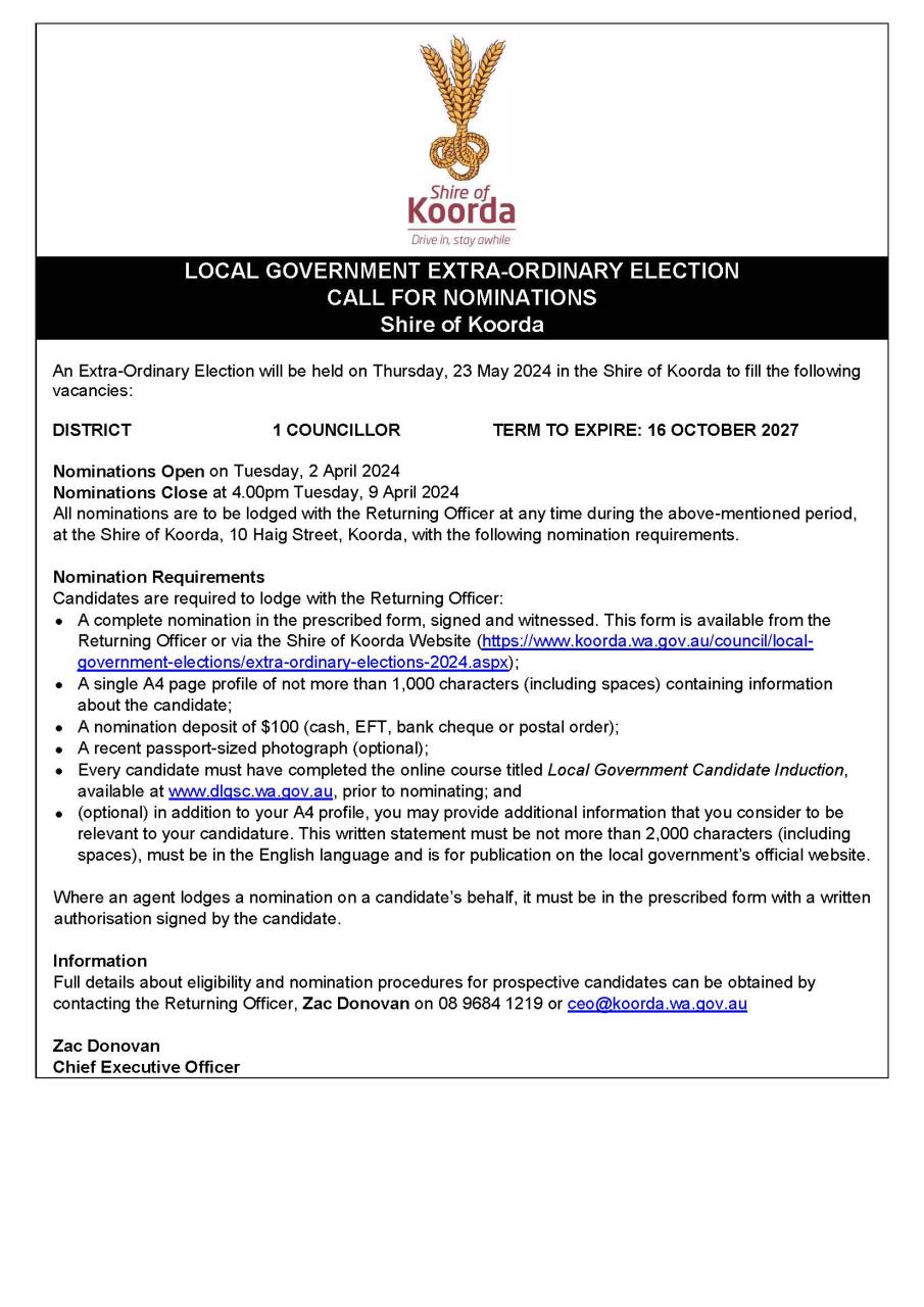 Shire of Koorda - Call for Nominations - 2024 Extra-Ordinary Election